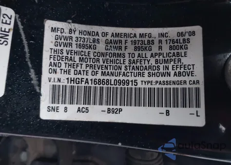 2008 Honda Civic Ex из США, поврежденный, VIN 1HGFA16868L099915